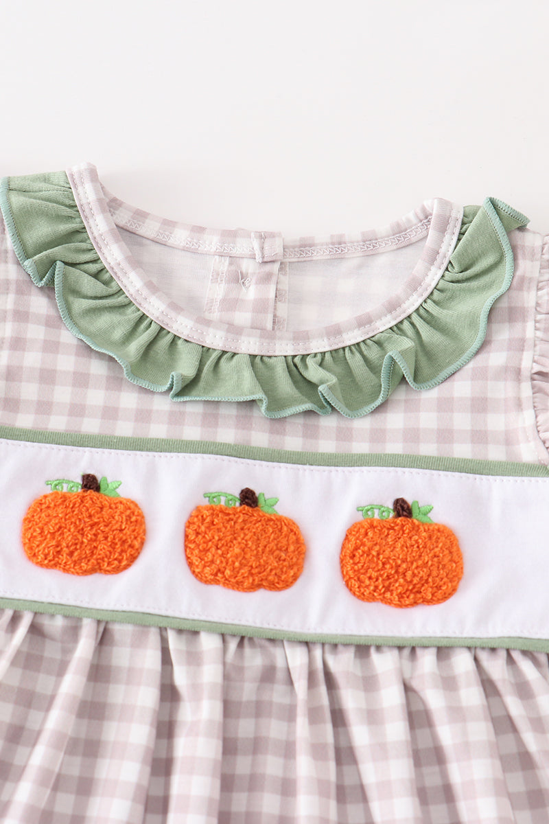 “Pumpkin Patch Charm” Plaid Top & Green Shorts Set for Girls