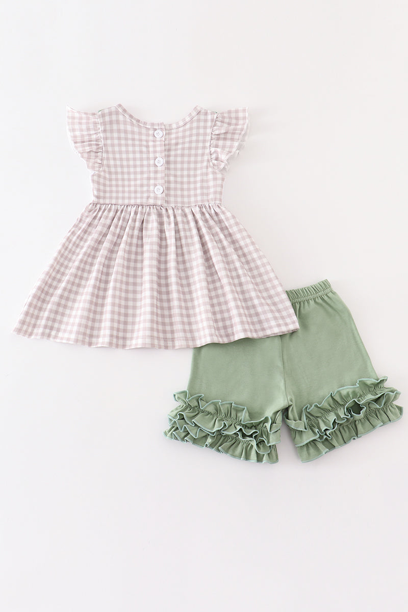 “Pumpkin Patch Charm” Plaid Top & Green Shorts Set for Girls