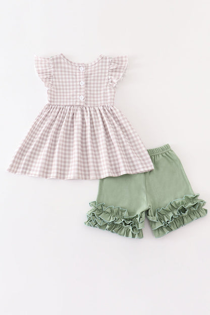 “Pumpkin Patch Charm” Plaid Top & Green Shorts Set for Girls