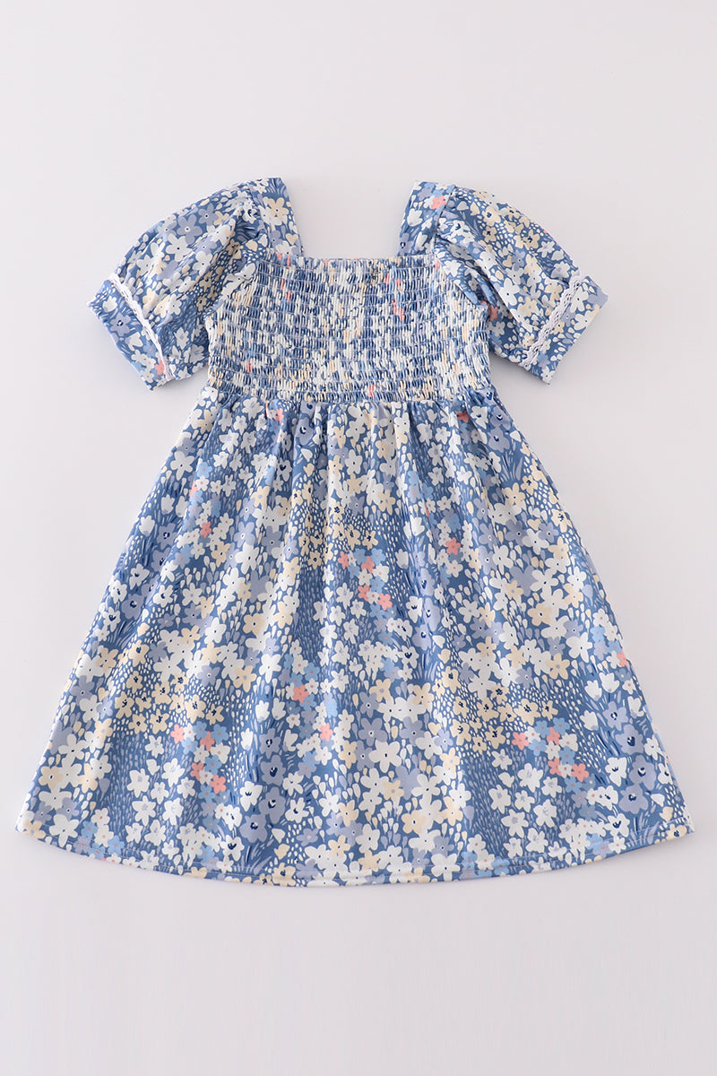 Girls Blue Floral Smocked Dress – Comfortable Summer Style