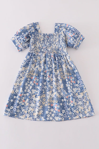 Girls Blue Floral Smocked Dress – Comfortable Summer Style