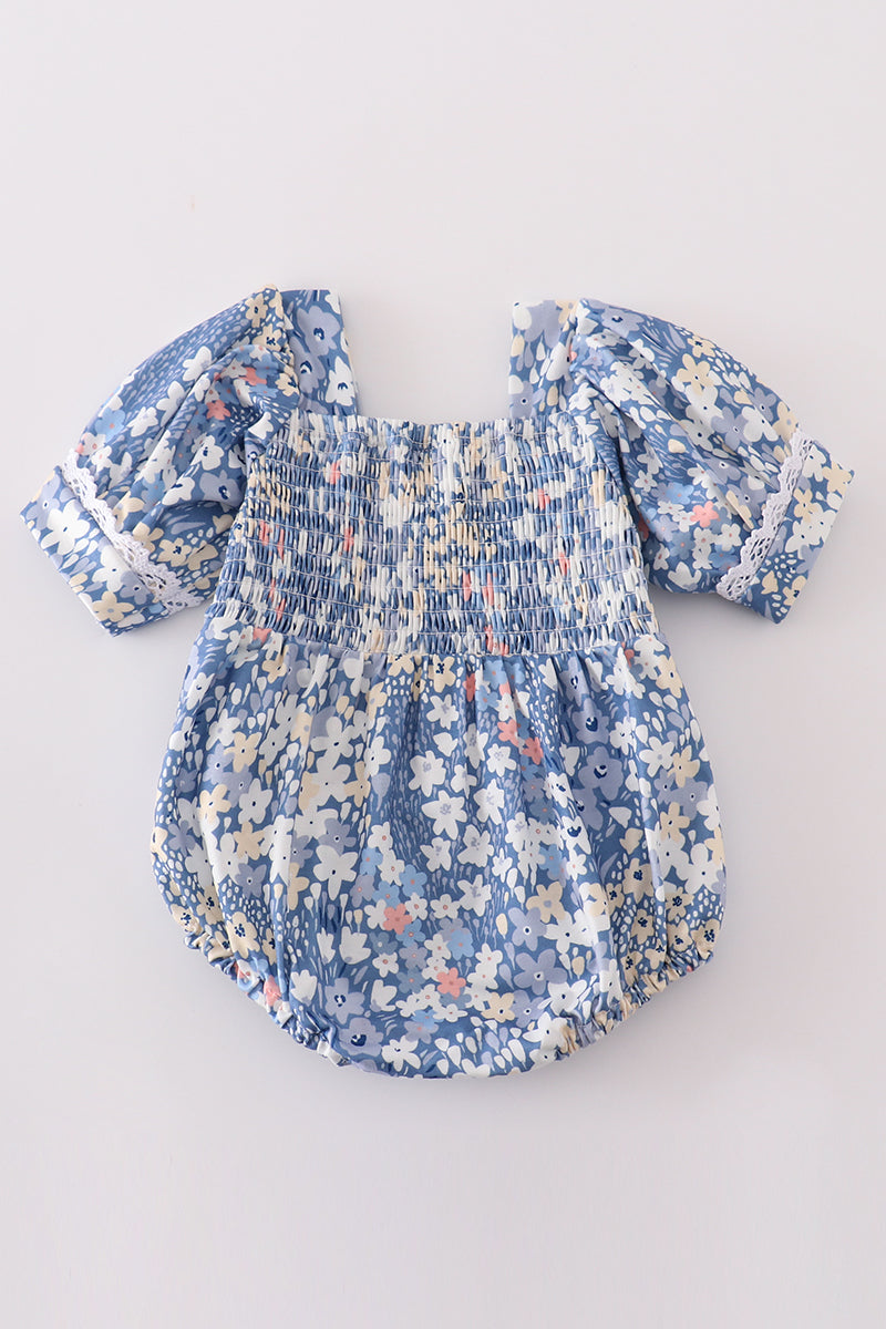 Baby Girl Blue Floral Smocked Romper – Adorable and Comfortable Style