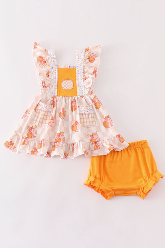 “Pumpkin Patch Sweetie” 2-Piece Flutter Top & Bloomer Set for Baby Girls