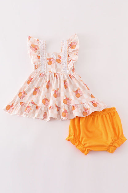 “Pumpkin Patch Sweetie” 2-Piece Flutter Top & Bloomer Set for Baby Girls