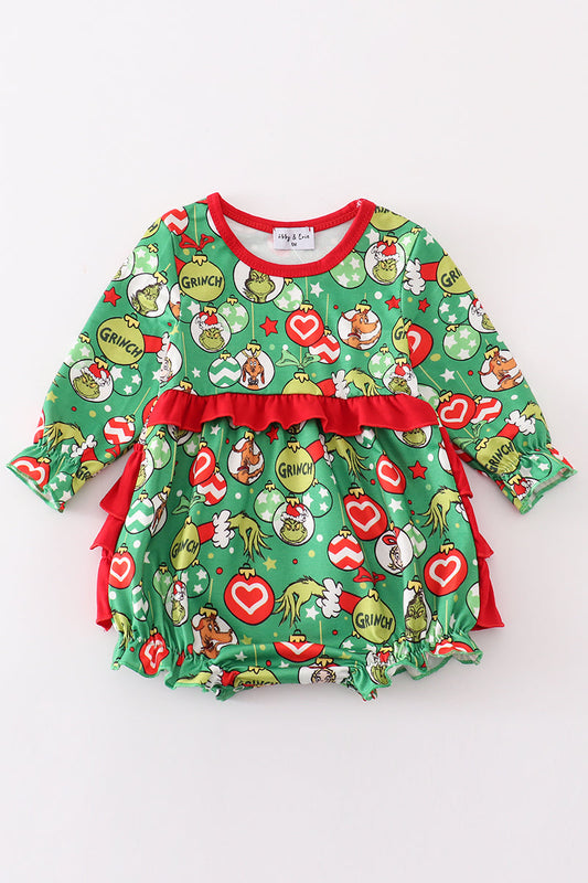 Grinchy Glam Bubble Romper for Baby Girls