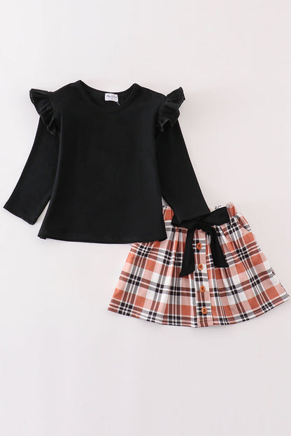 Black Top & Rust Plaid Ruffle Skirt Set for Girls