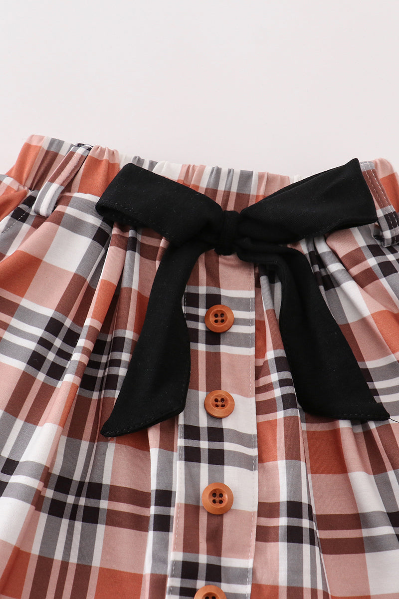 Black Top & Rust Plaid Ruffle Skirt Set for Girls