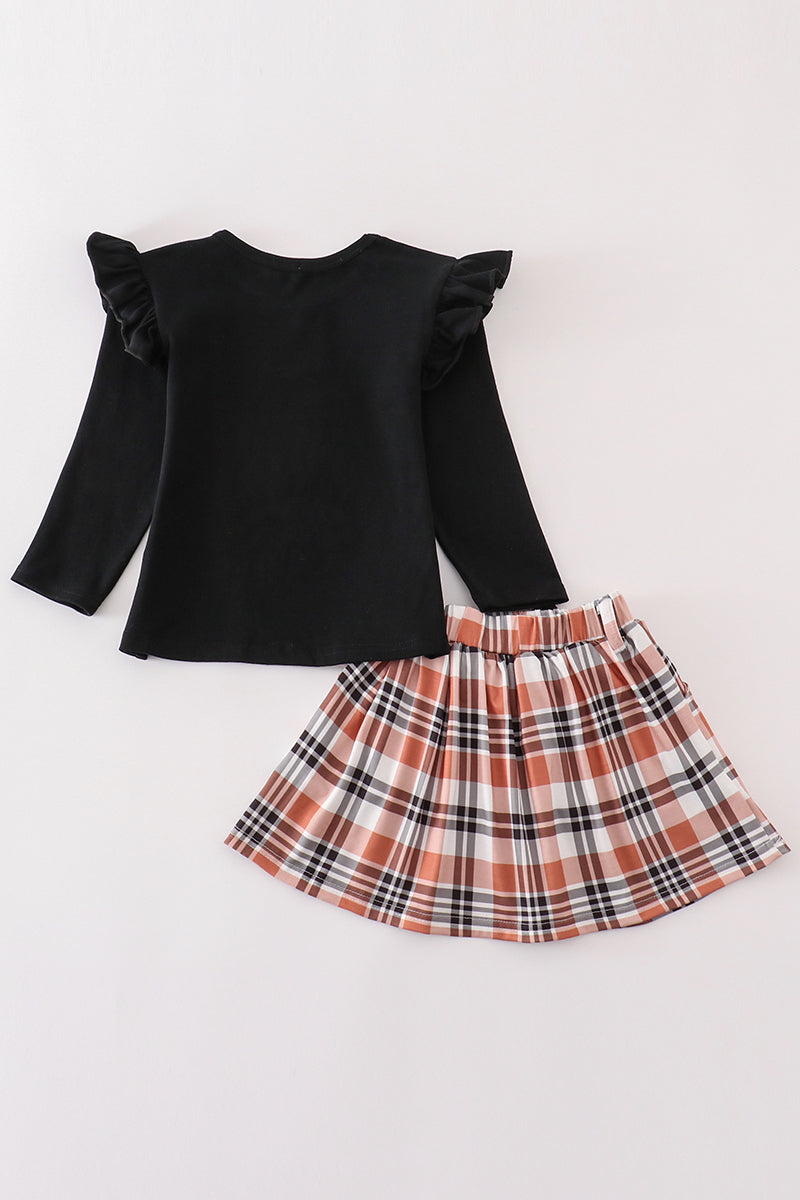 Black Top & Rust Plaid Ruffle Skirt Set for Girls