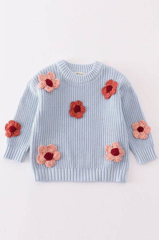 Blue Floral Breeze Knitted Sweater for Girls