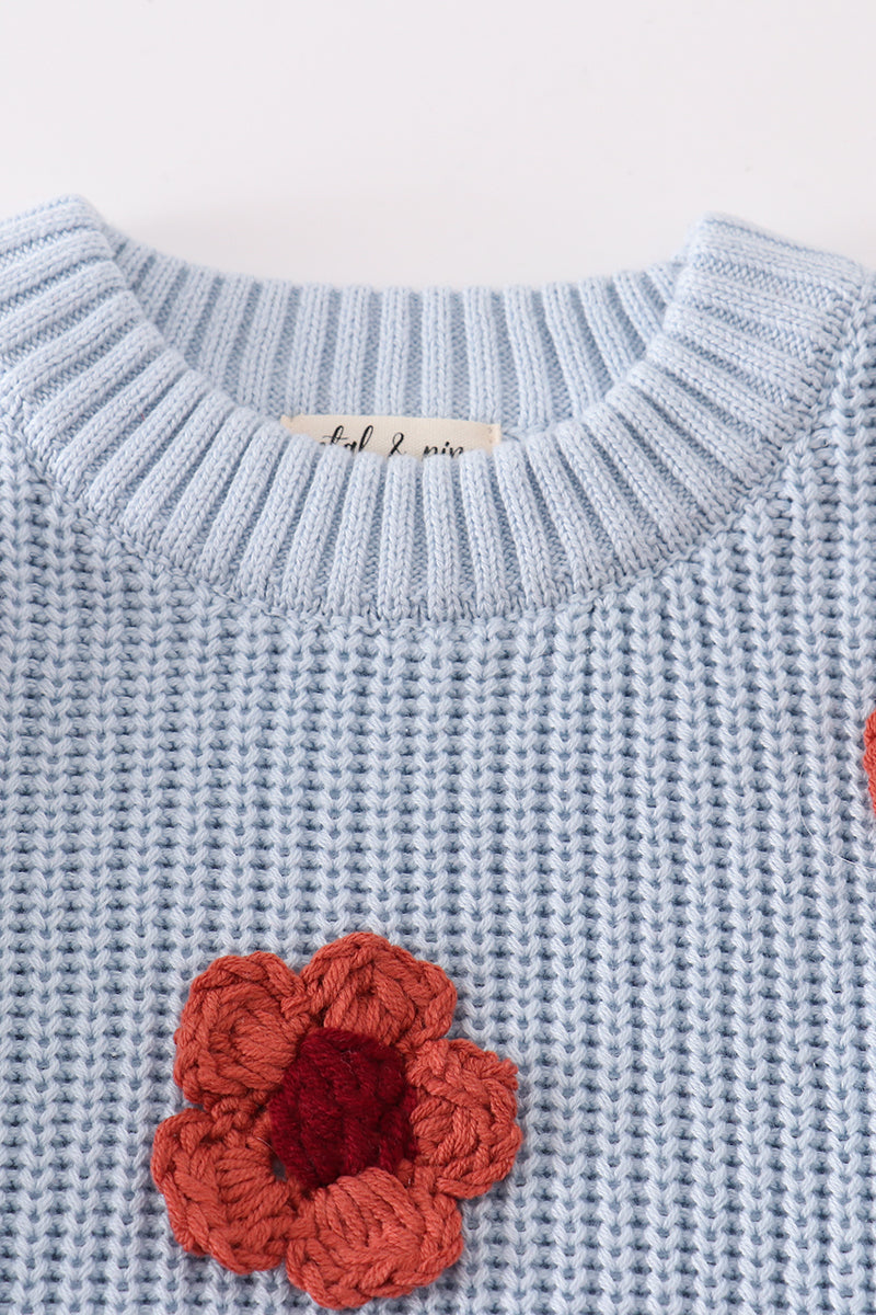 Blue Floral Breeze Knitted Sweater for Girls