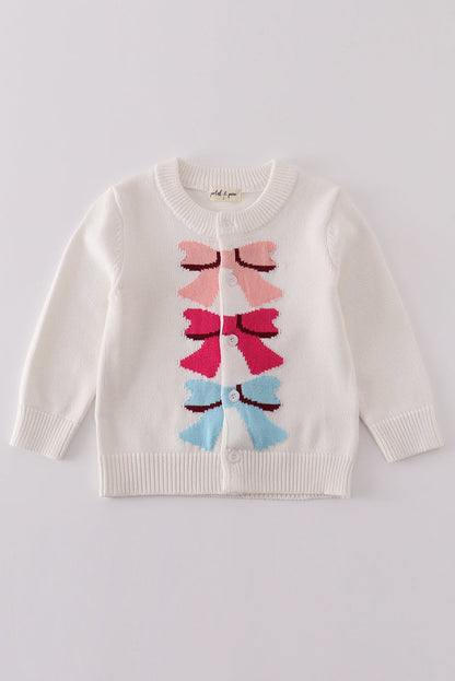 Bow Bliss White Knit Cardigan for Girls