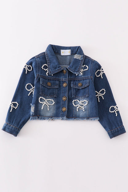 Classic Bows Dark Wash Embroidered Denim Jacket for Girls