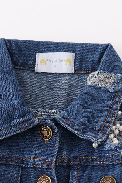 Classic Bows Dark Wash Embroidered Denim Jacket for Girls