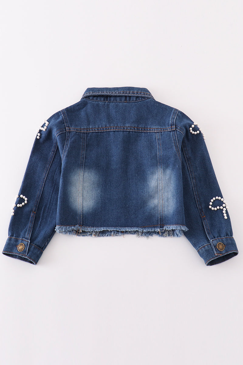 Classic Bows Dark Wash Embroidered Denim Jacket for Girls