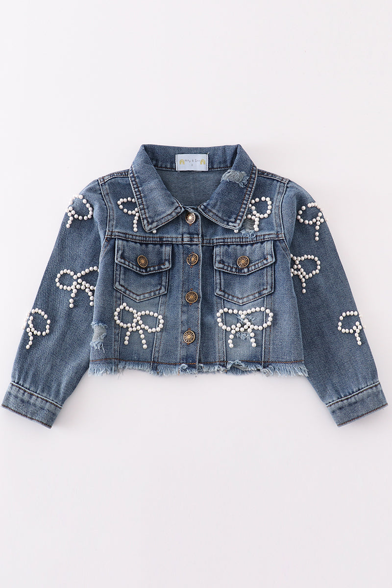 Pearl Bow Embroidered Denim Jacket for Girls