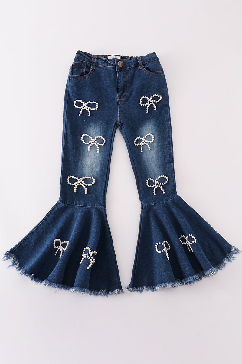 Pearl Bow Flares Dark Wash Bell-Bottom Jeans for Girls