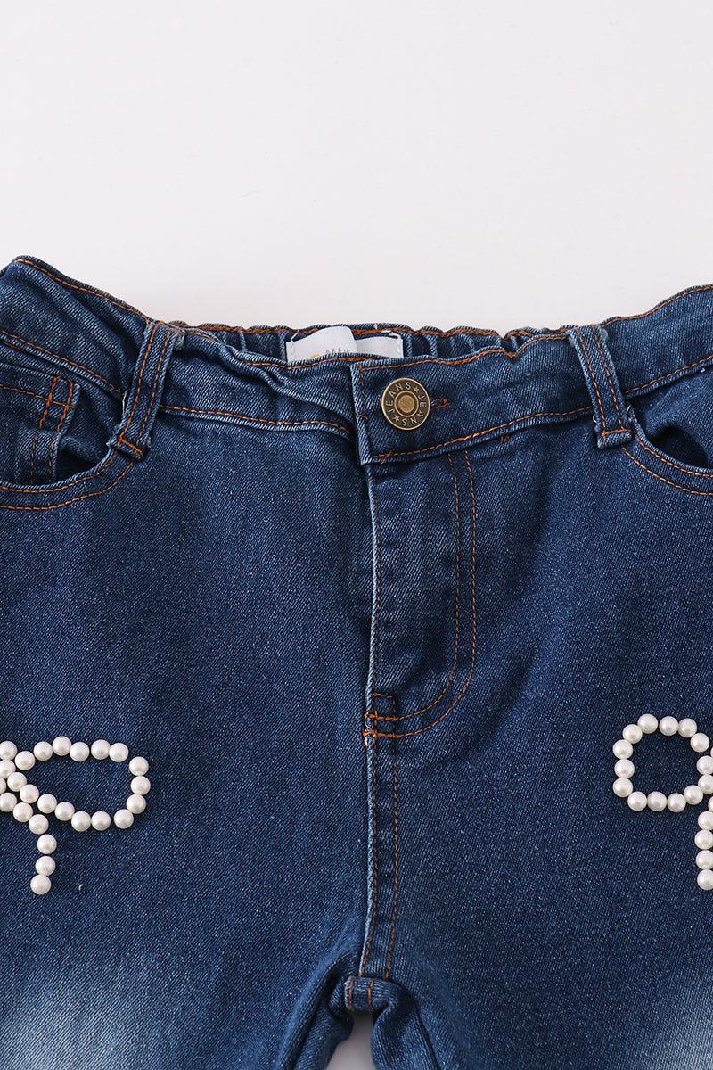 Pearl Bow Flares Dark Wash Bell-Bottom Jeans for Girls