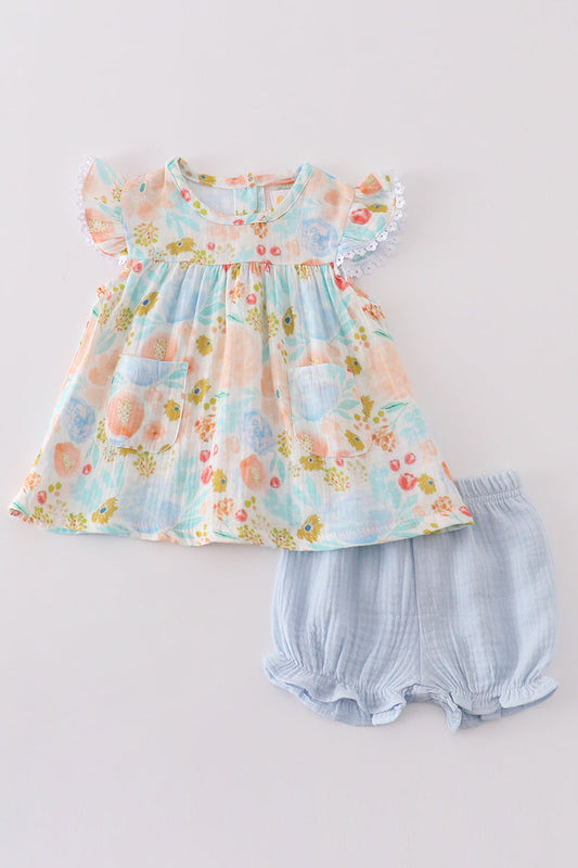 Baby Girl Peach Print Muslin Tunic and Bloomers Set – Sweet and Lightweight Outfit