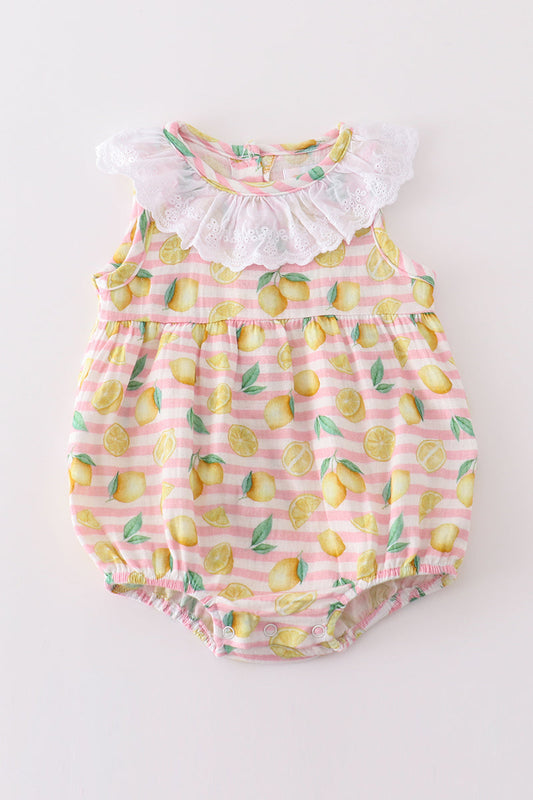 Baby Girl Lemon Striped Romper with Lace Collar – Sweet and Playful Outfit