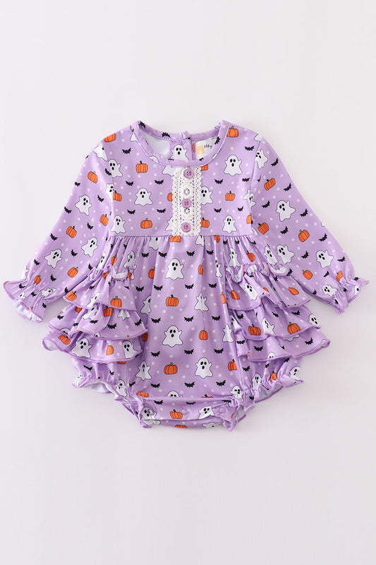 “Lil’ Spookster” Long Sleeve Purple Halloween Bubble Romper