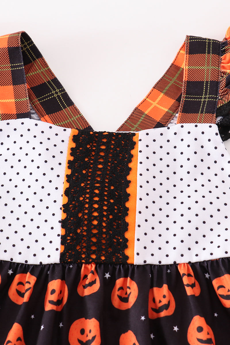 Pumpkin Patchwork Halloween Dress for Girls – Ruffle Trim & Plaid Straps