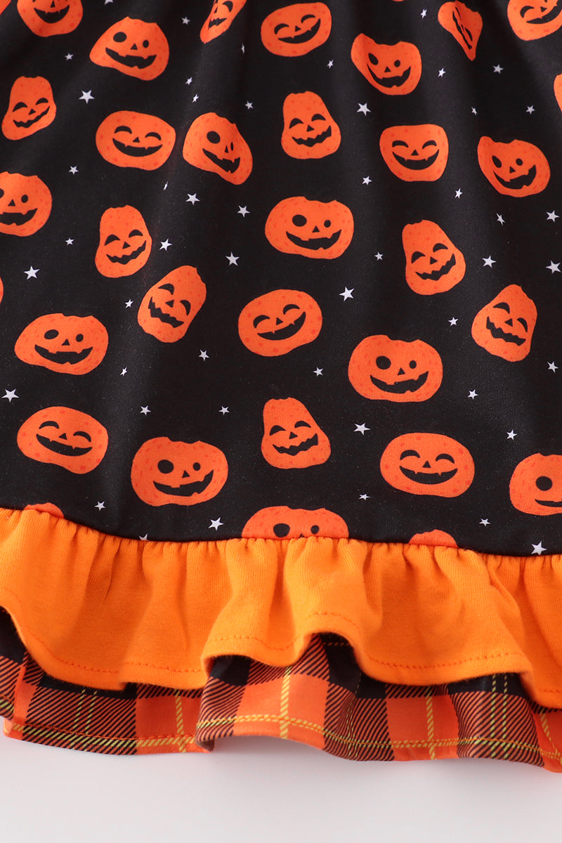 Pumpkin Patchwork Halloween Dress for Girls – Ruffle Trim & Plaid Straps