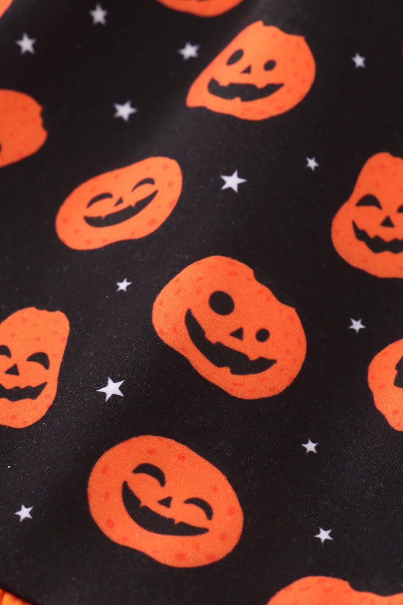 Pumpkin Patchwork Halloween Dress for Girls – Ruffle Trim & Plaid Straps