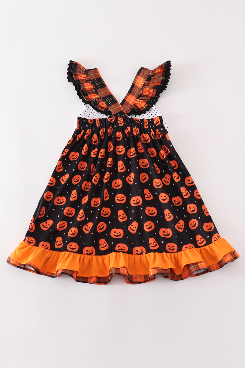 Pumpkin Patchwork Halloween Dress for Girls – Ruffle Trim & Plaid Straps