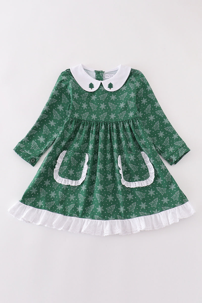 “Evergreen Cheer” Christmas Tree Dress with Pockets for Girls