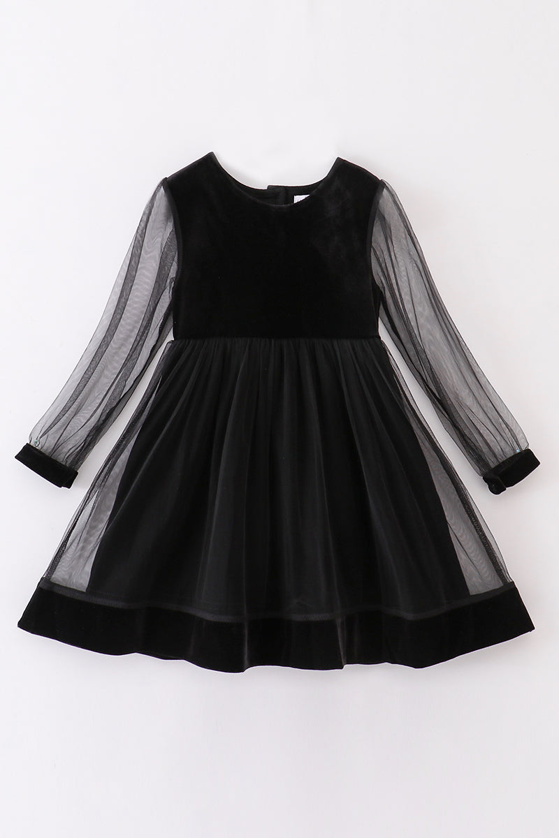 “Midnight Elegance” Black Velvet Long Sleeve Dress for Girls