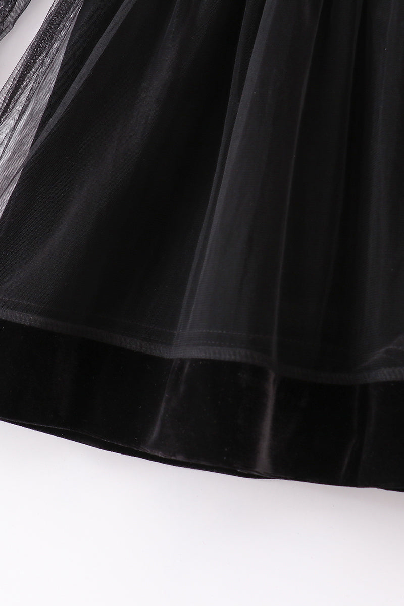 “Midnight Elegance” Black Velvet Long Sleeve Dress for Girls