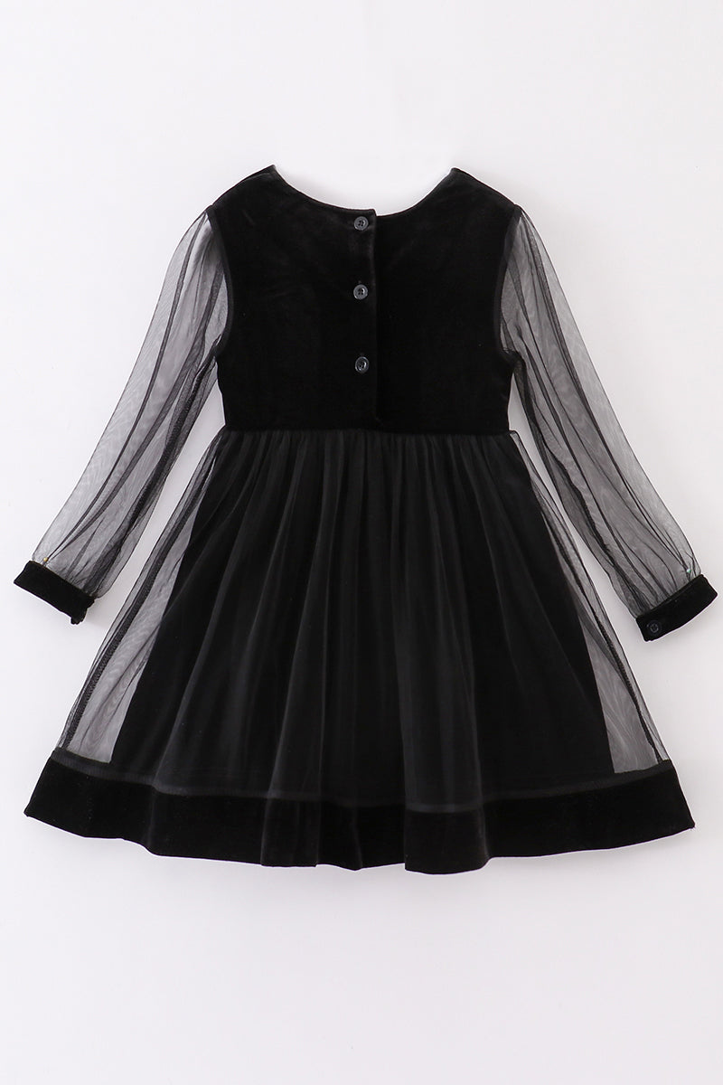 “Midnight Elegance” Black Velvet Long Sleeve Dress for Girls