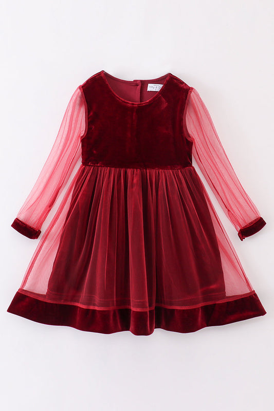 “Holiday Elegance” Maroon Velvet Long Sleeve Dress for Girls