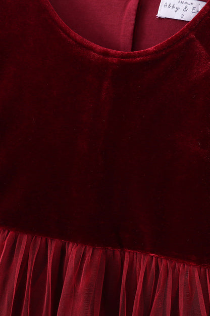 “Holiday Elegance” Maroon Velvet Long Sleeve Dress for Girls