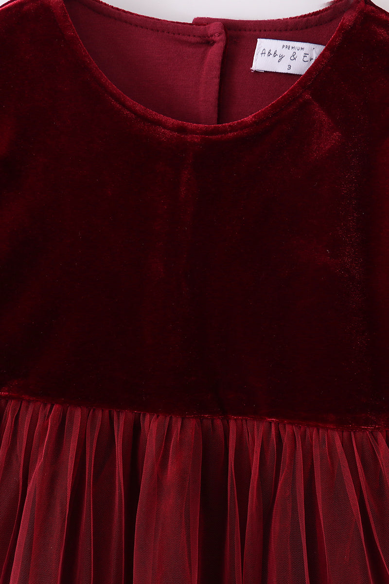 “Holiday Elegance” Maroon Velvet Long Sleeve Dress for Girls