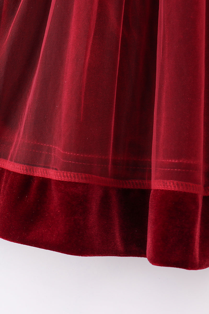 “Holiday Elegance” Maroon Velvet Long Sleeve Dress for Girls