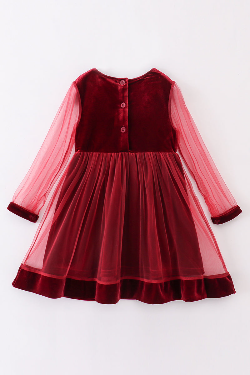 “Holiday Elegance” Maroon Velvet Long Sleeve Dress for Girls