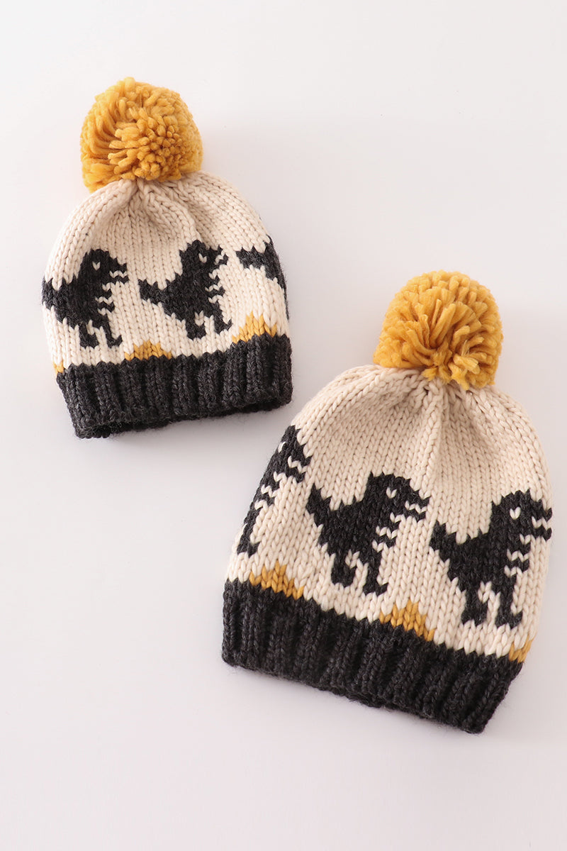 Dinosaur Knit Beanies with Pom-Poms – Matching Winter Hats for Baby and Kids