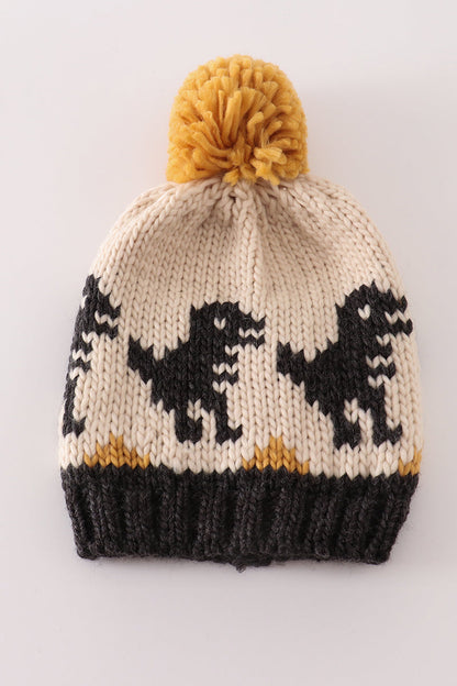 Dinosaur Knit Beanies with Pom-Poms – Matching Winter Hats for Baby and Kids