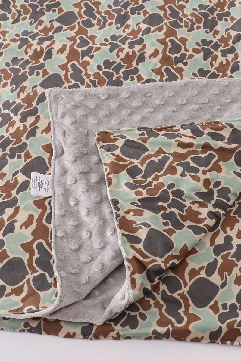 Reversible Baby Blanket with Camo Print and Gray Minky Backing