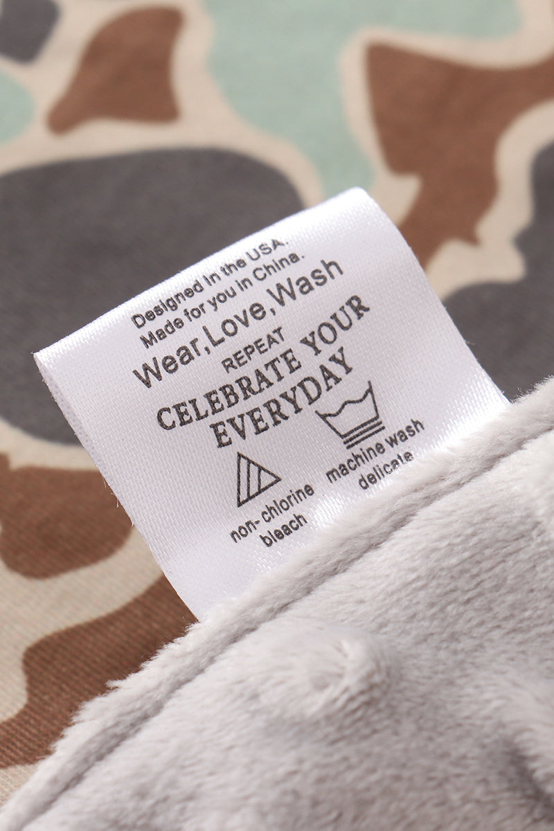 Reversible Baby Blanket with Camo Print and Gray Minky Backing