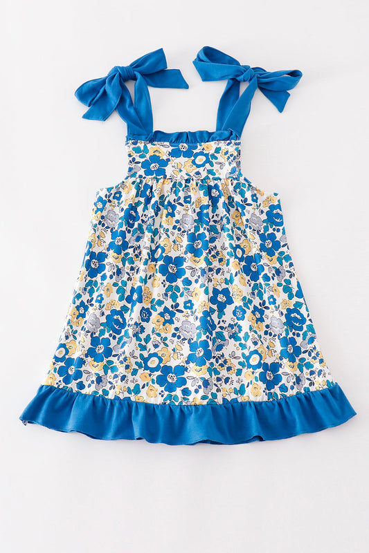 "Garden Sunshine” Blue & Yellow Floral Bow Strap Dress for Girls