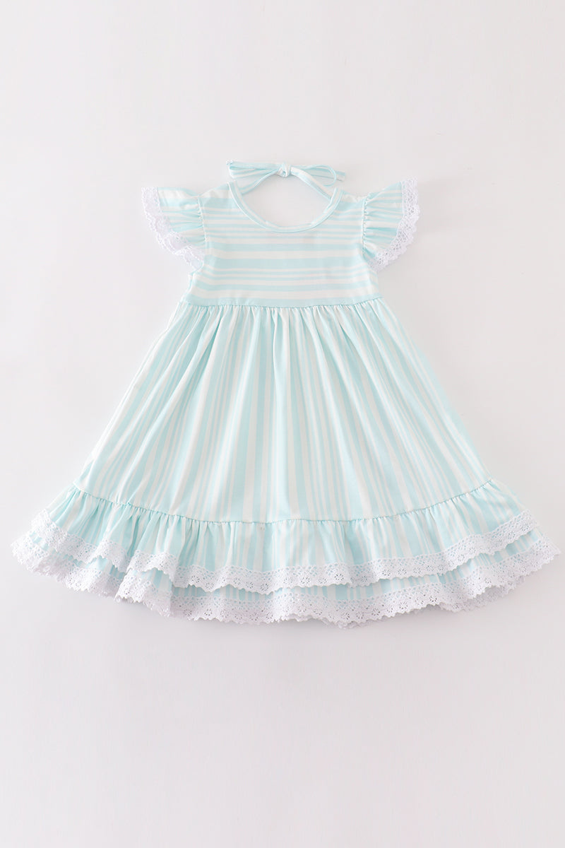 “Sweet Stripes” Blue Stripe Lace Dress for Girls