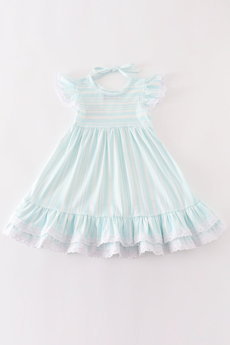 “Sweet Stripes” Blue Stripe Lace Dress for Girls