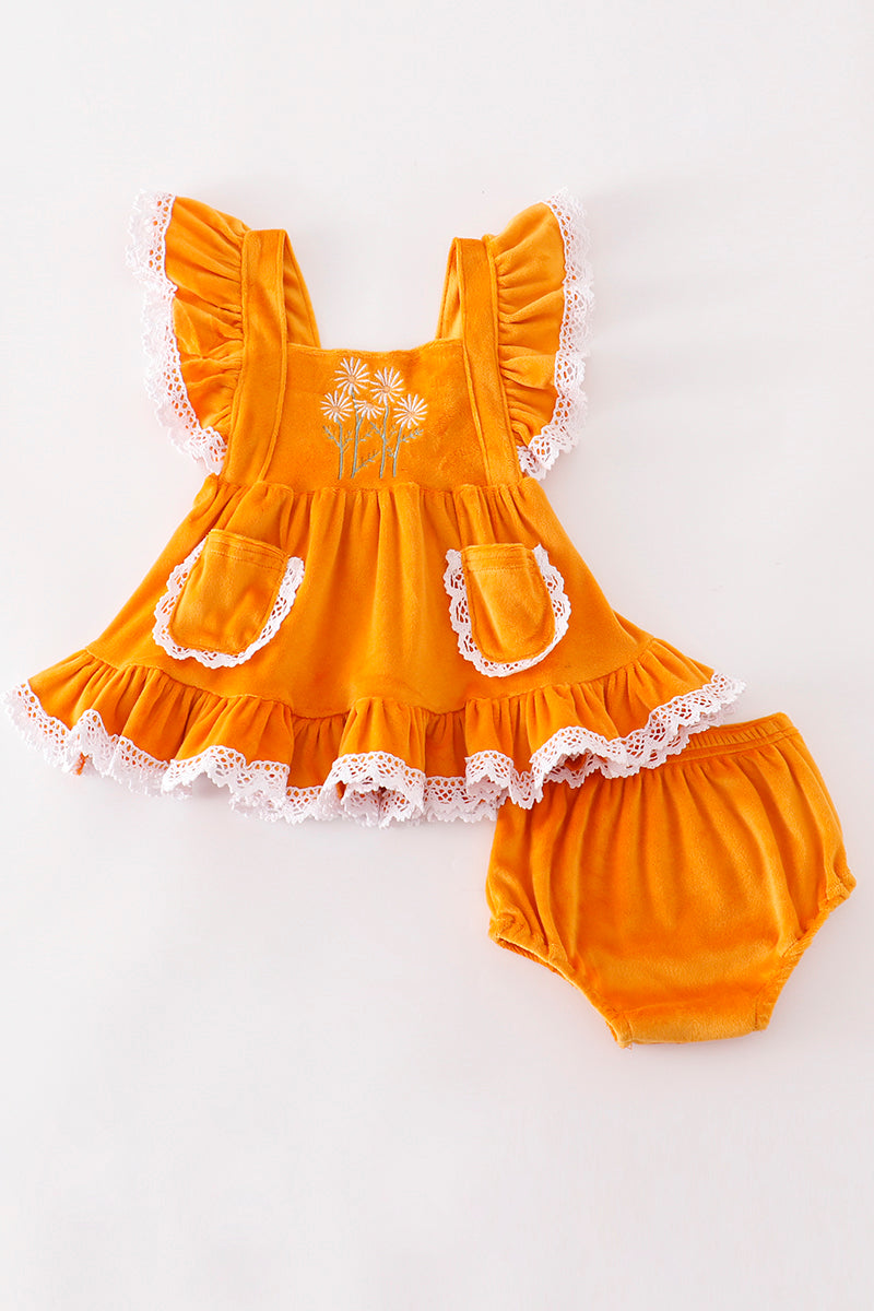 “Honey Bloom” Velvet Dandelion Short Set for Baby Girls