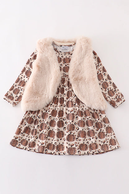 “Autumn Chic” Brown Pumpkin Dress with Fur Vest Set for Girls