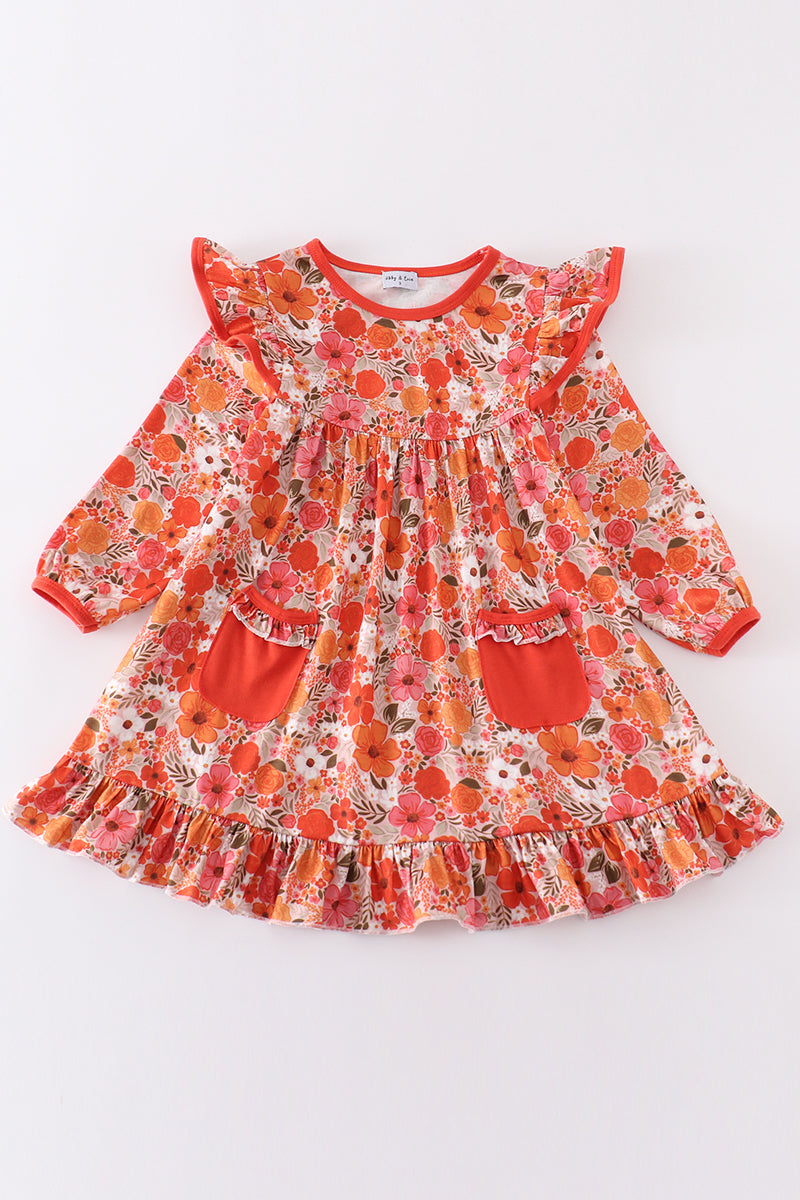 Autumn Bloom Ruffle Pocket Dress for Girls