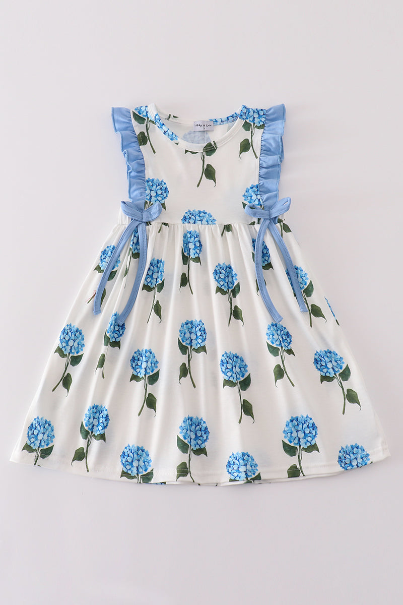 Blue Hydrangea Girls Dress with Ruffled Straps and Side Bows - Ideal for Special Occasions