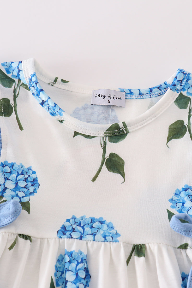 Blue Hydrangea Girls Dress with Ruffled Straps and Side Bows - Ideal for Special Occasions