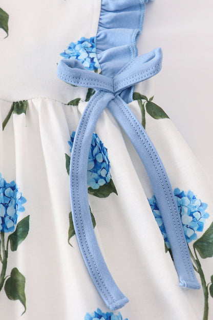 Blue Hydrangea Girls Dress with Ruffled Straps and Side Bows - Ideal for Special Occasions